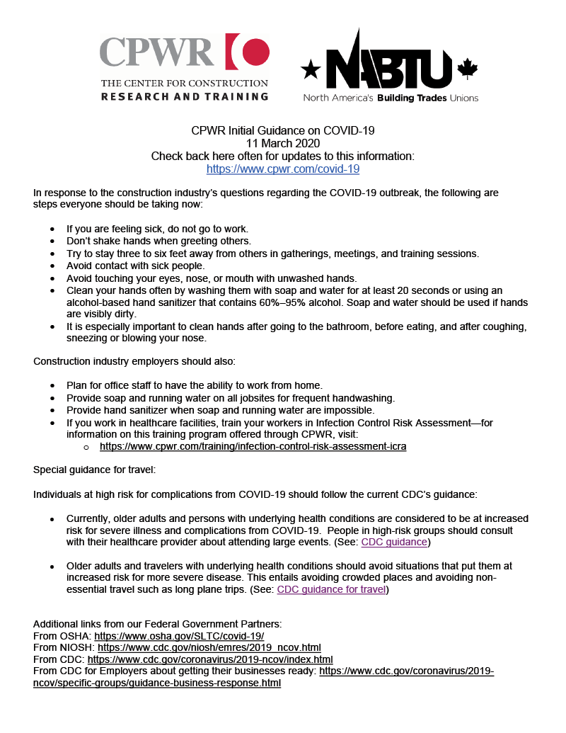 CPWR Initial Guidance on COVID