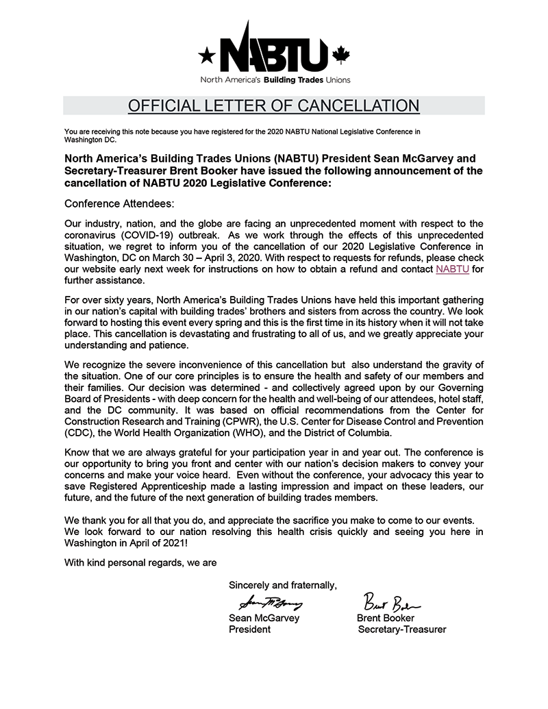 2020 NABTU Legislative Conference Cancellation